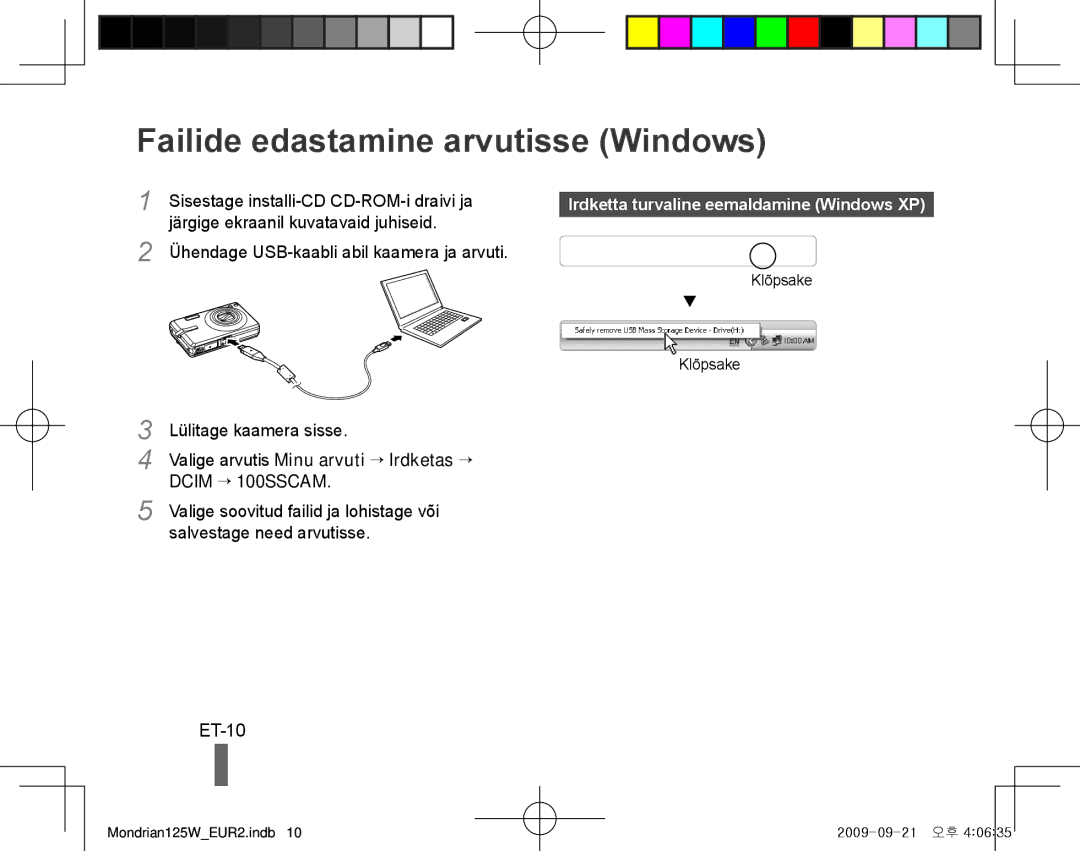 Samsung EC-IT100RBA/RU manual Failide edastamine arvutisse Windows, ET-10, Irdketta turvaline eemaldamine Windows XP 