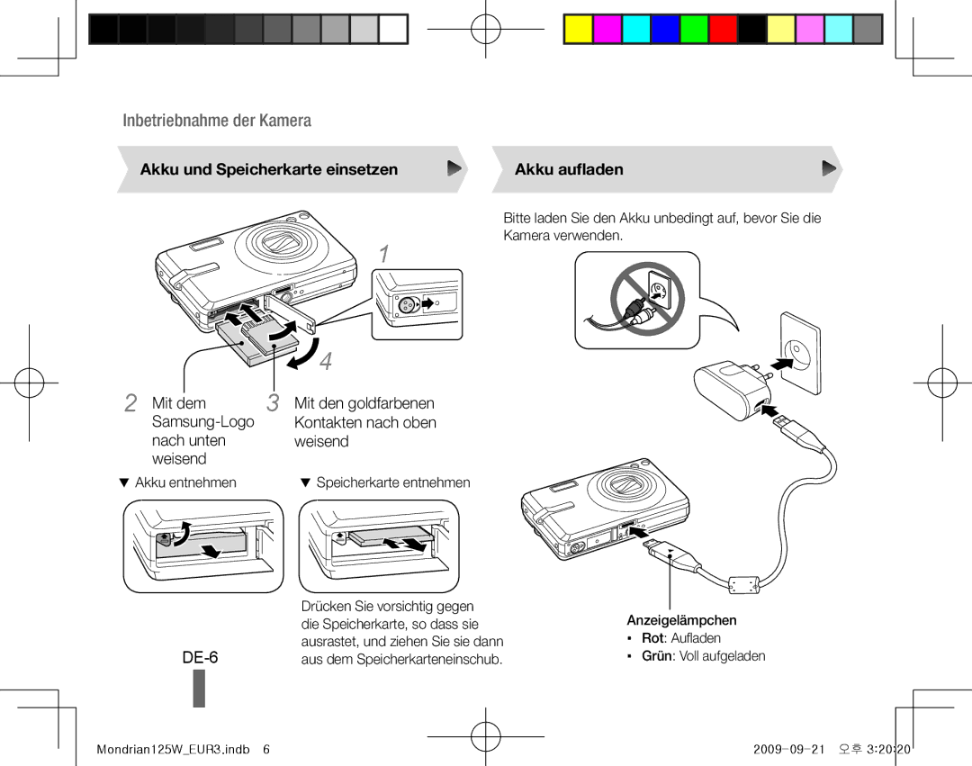 Samsung EC-IT100BBP/ME, EC-IT100UBP/FR DE-6, Akku und Speicherkarte einsetzen, Mit dem, Samsung-Logo, Nach unten Weisend 