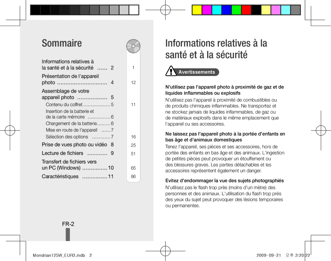 Samsung EC-IT100SBP/VN manual Sommaire, Informations relatives à la santé et à la sécurité, FR-2, Caractéristiques… …………… 