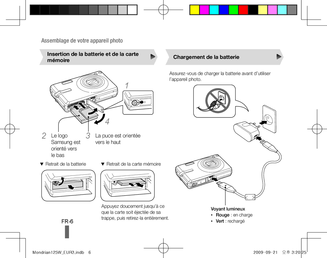 Samsung EC-IT100SBP/E3 manual FR-6, Insertion de la batterie et de la carte mémoire, Le logo, Chargement de la batterie 