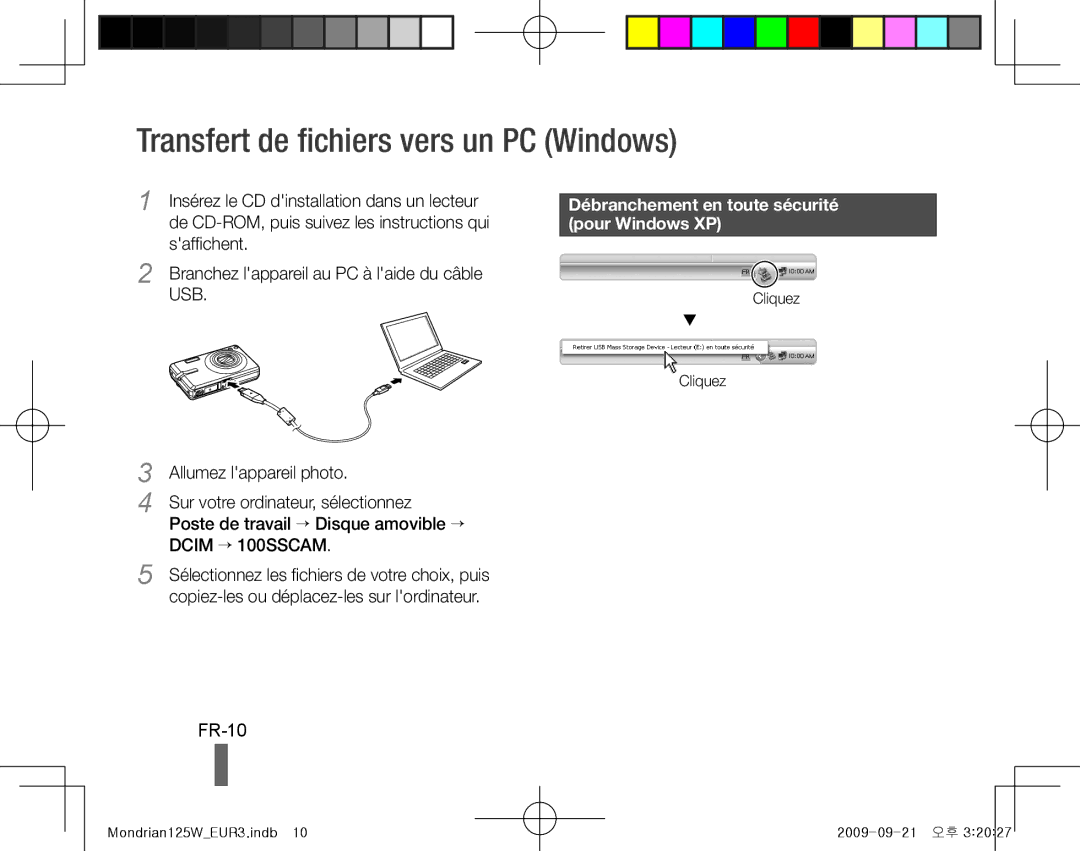 Samsung EC-IT100RBP/E2 Transfert de fichiers vers un PC Windows, FR-10, Débranchement en toute sécurité, Pour Windows XP 