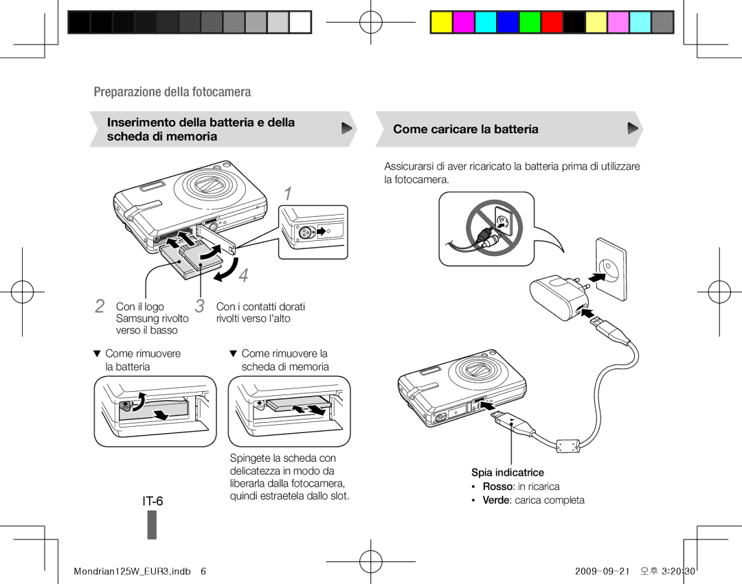 Samsung EC-IT100UBA/RU manual IT-6, Inserimento della batteria e della scheda di memoria, Come caricare la batteria 