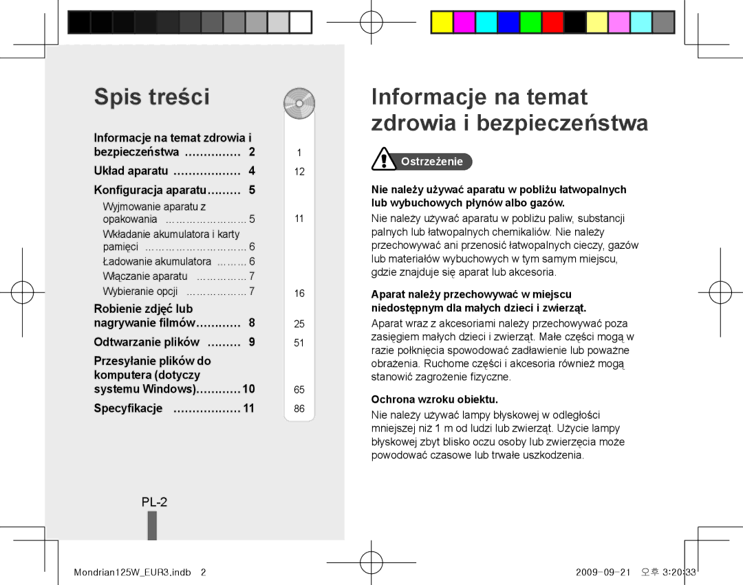 Samsung EC-IT100SBP/FR, EC-IT100UBP/FR manual Spis treści, Informacje na temat zdrowia i bezpieczeństwa, PL-2, Ostrzeżenie 