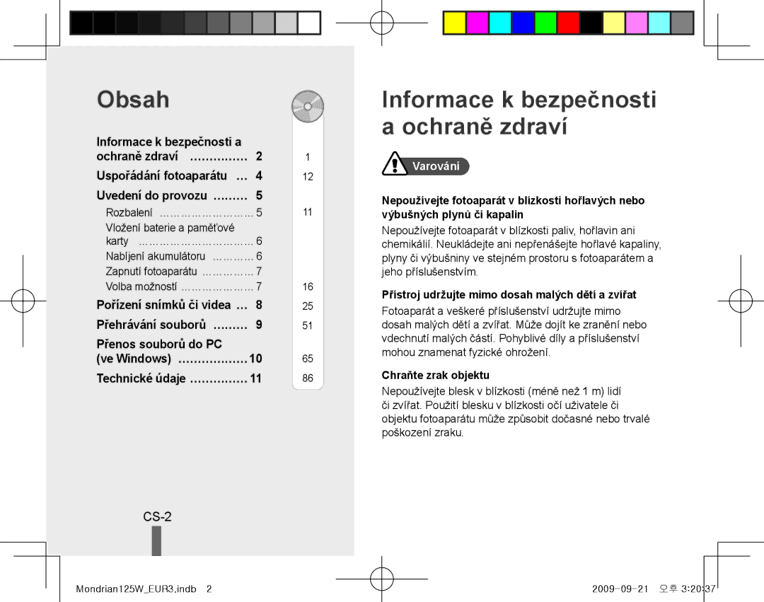 Samsung EC-IT100UDP/ME, EC-IT100UBP/FR manual Obsah, Informace k bezpečnosti a ochraně zdraví, CS-2, Přenos souborů do PC 