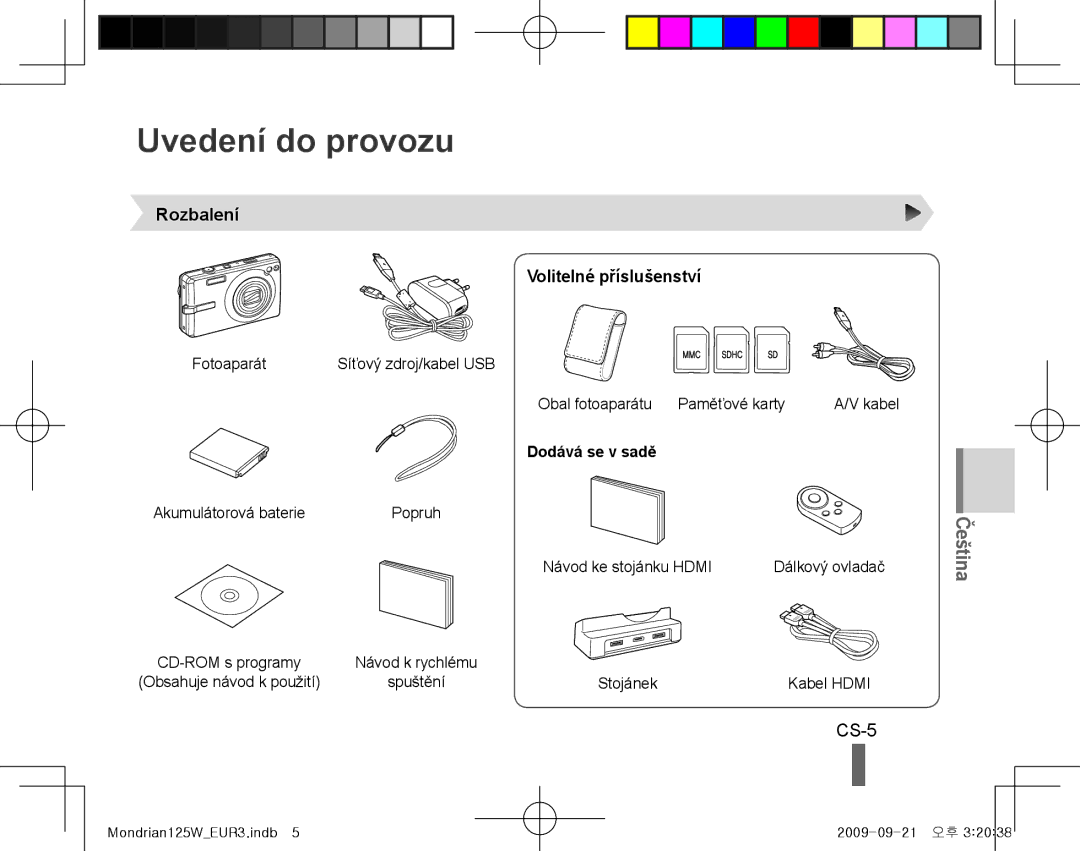 Samsung EC-IT100SDP/ME manual Uvedení do provozu, CS-5, Rozbalení Volitelné příslušenství, Obal fotoaparátu Paměťové karty 