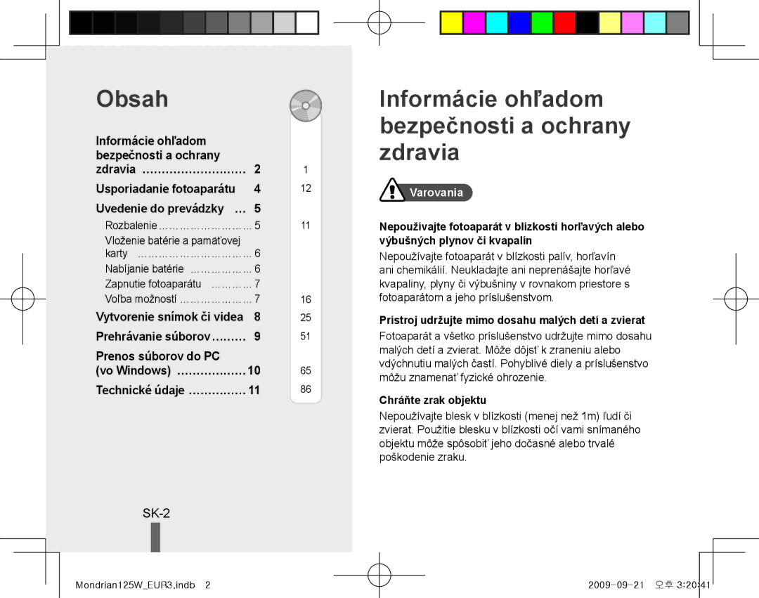 Samsung EC-IT100ABP/VN manual Informácie ohľadom bezpečnosti a ochrany zdravia, SK-2, Prenos súborov do PC, Varovania 