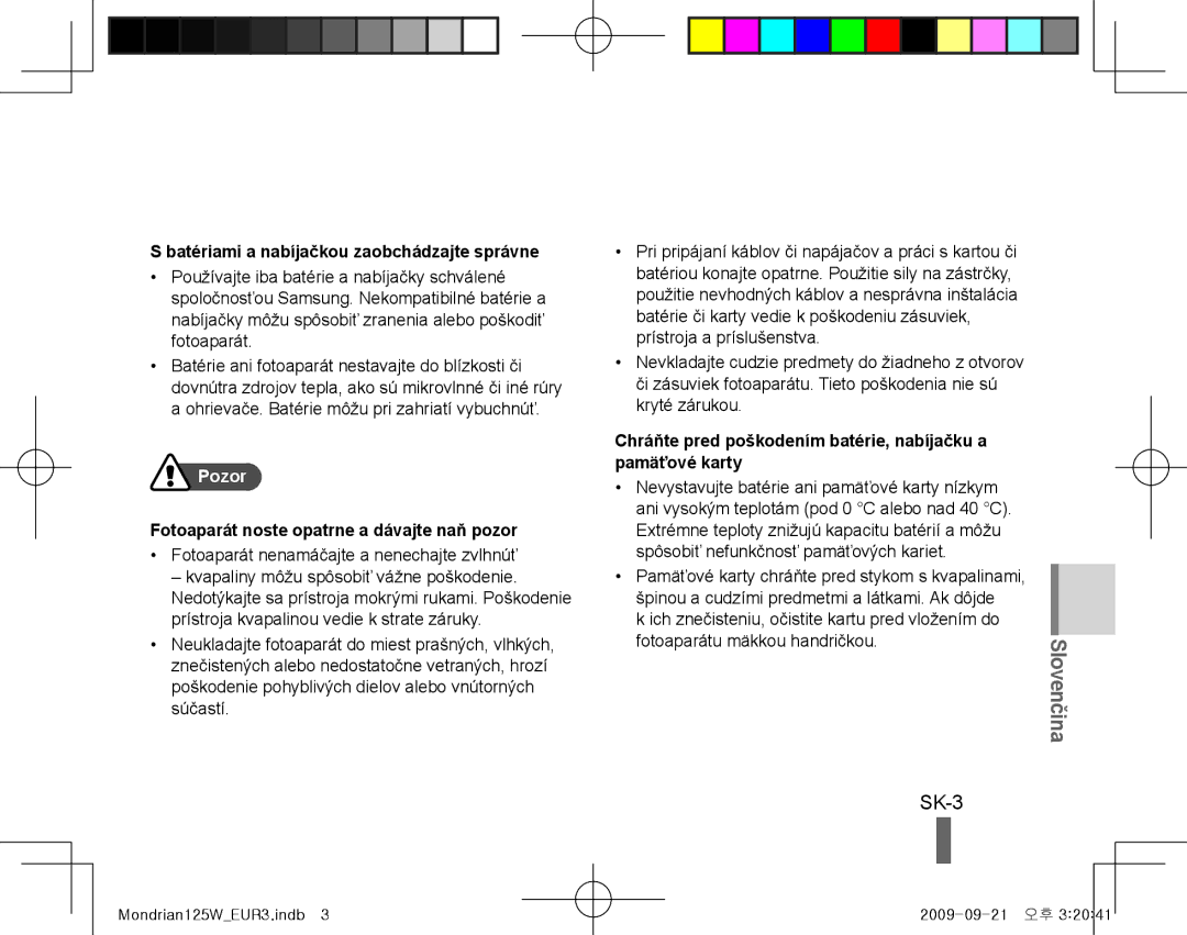 Samsung EC-IT100SBP/VN, EC-IT100UBP/FR, EC-IT100SBP/FR manual SK-3, Slovenčina, Batériami a nabíjačkou zaobchádzajte správne 