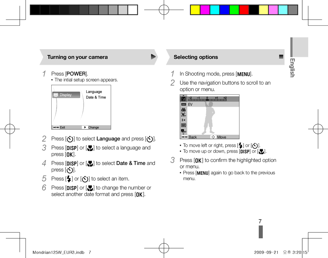 Samsung EC-IT100SBP/IT, EC-IT100UBP/FR, EC-IT100SBP/FR, EC-IT100BBP/FR manual Turning on your camera, Selecting options 