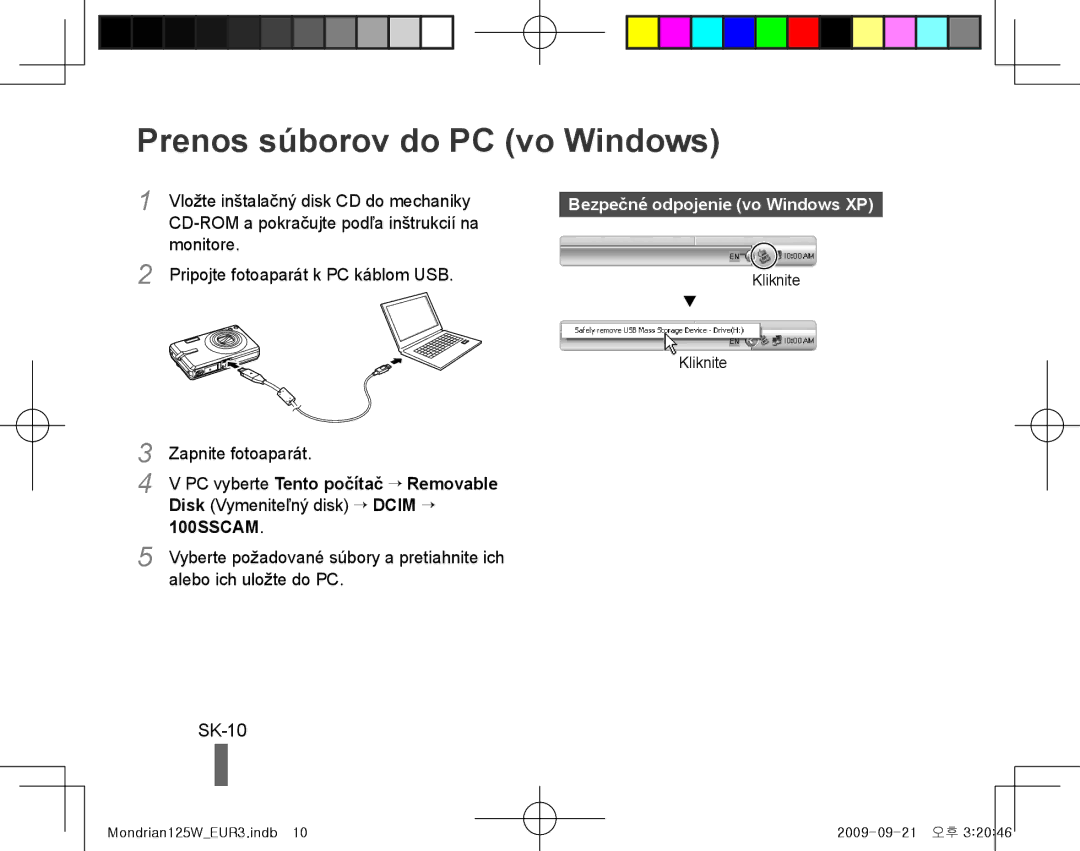 Samsung EC-IT100BBP/E2 manual Prenos súborov do PC vo Windows, SK-10, Bezpečné odpojenie vo Windows XP, Zapnite fotoaparát 