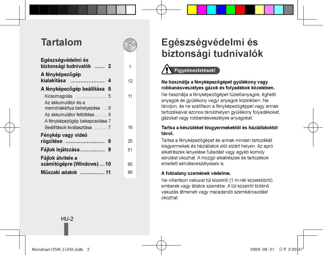 Samsung EC-IT100SBP/E2, EC-IT100UBP/FR manual Tartalom, Egészségvédelmi és biztonsági tudnivalók, HU-2, Figyelmeztetések 