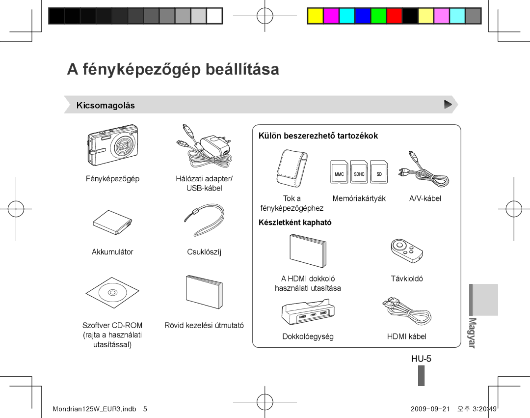 Samsung EC-IT100RBP/RU manual Fényképezőgép beállítása, HU-5, Kicsomagolás Külön beszerezhető tartozékok, Memóriakártyák 