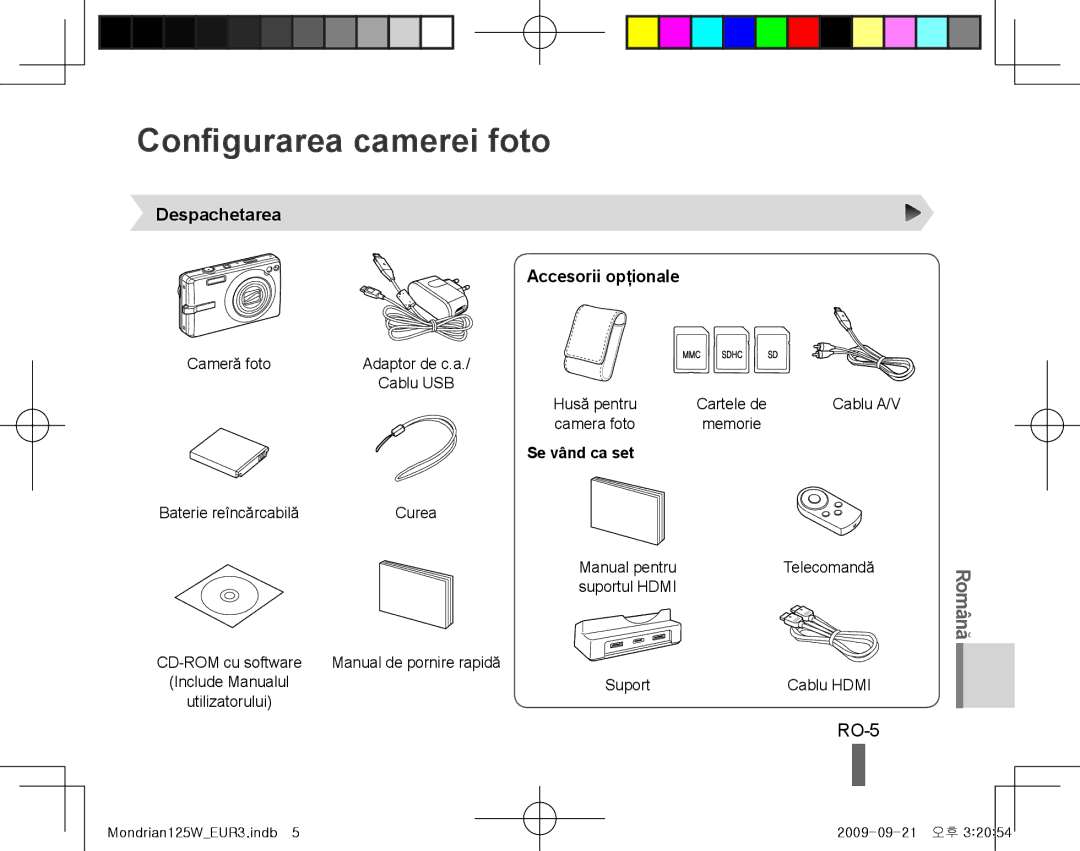 Samsung EC-IT100RBP/FR, EC-IT100UBP/FR Configurarea camerei foto, RO-5, Despachetarea Accesorii opţionale, Se vând ca set 