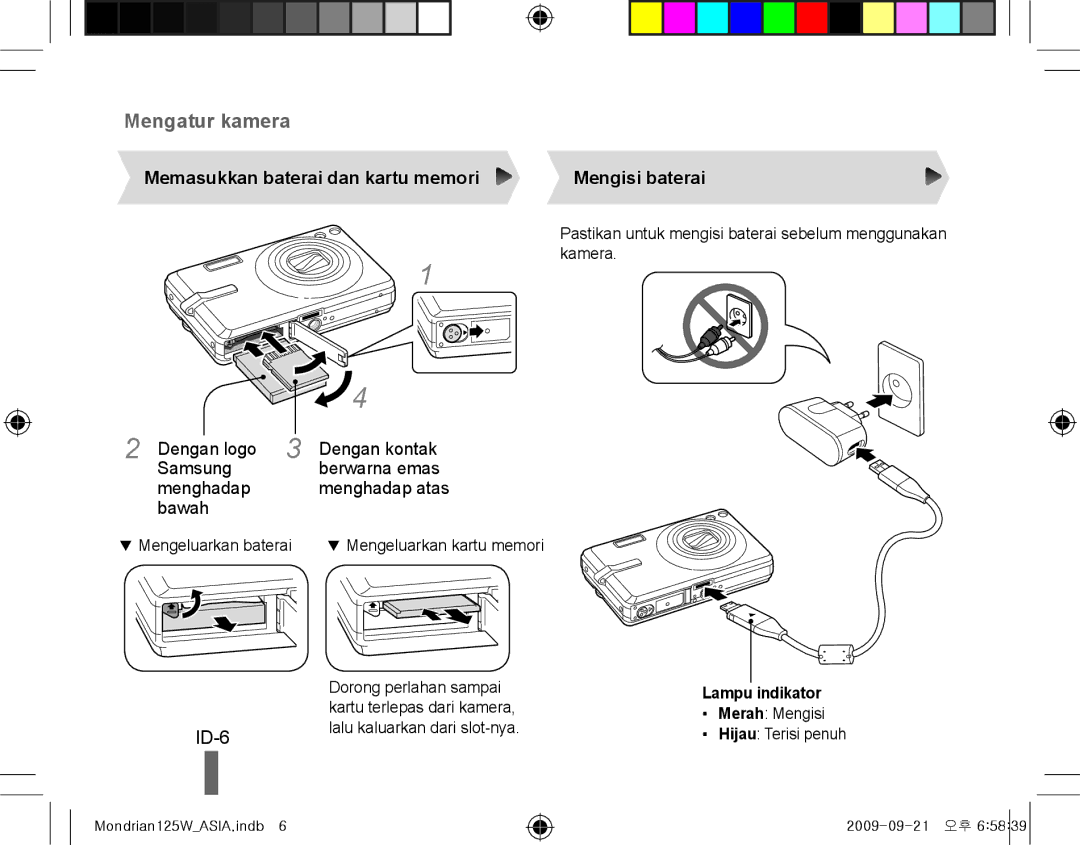 Samsung EC-IT100SBA/IT manual ID-6, Memasukkan baterai dan kartu memori Mengisi baterai, Lampu indikator Merah Mengisi 