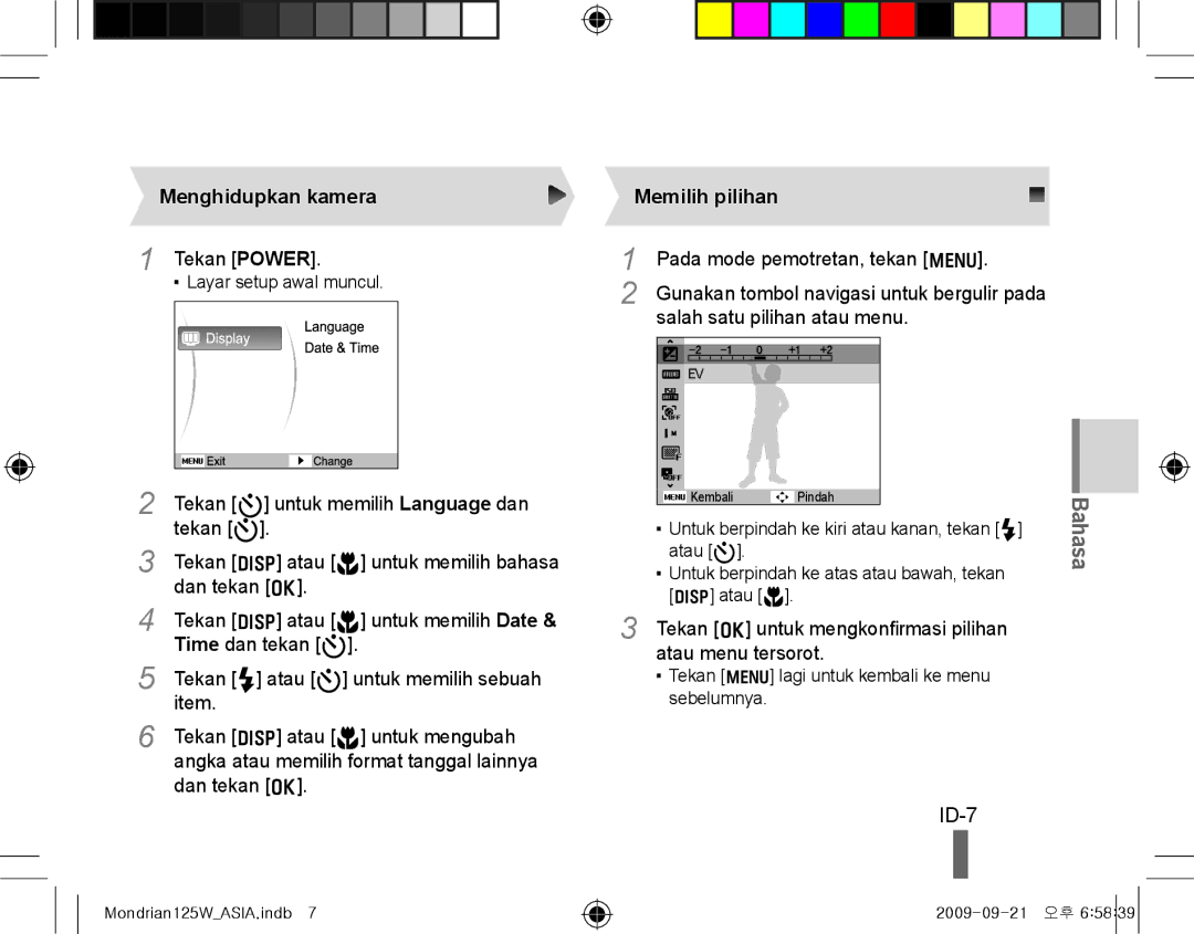 Samsung EC-IT100RBP/IT, EC-IT100UBP/FR, EC-IT100SBP/FR, EC-IT100BBP/FR manual ID-7, Menghidupkan kamera, Memilih pilihan 