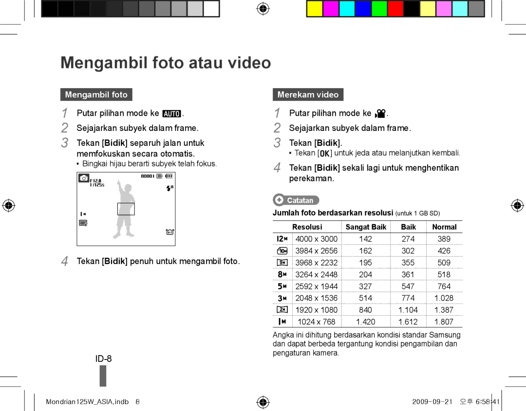 Samsung EC-IT100SBP/IT, EC-IT100UBP/FR, EC-IT100SBP/FR, EC-IT100BBP/FR manual Mengambil foto atau video, ID-8, Merekam video 