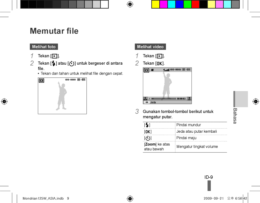 Samsung EC-IT100ABA/IT, EC-IT100UBP/FR, EC-IT100SBP/FR manual Memutar file, ID-9, Melihat foto Melihat video, Mengatur putar 