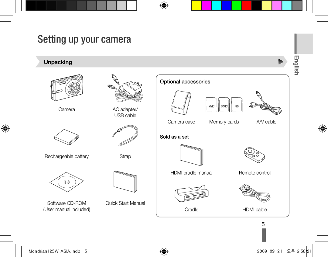 Samsung EC-IT100SBA/IT, EC-IT100UBP/FR, EC-IT100SBP/FR manual Setting up your camera, Unpacking, Optional accessories 