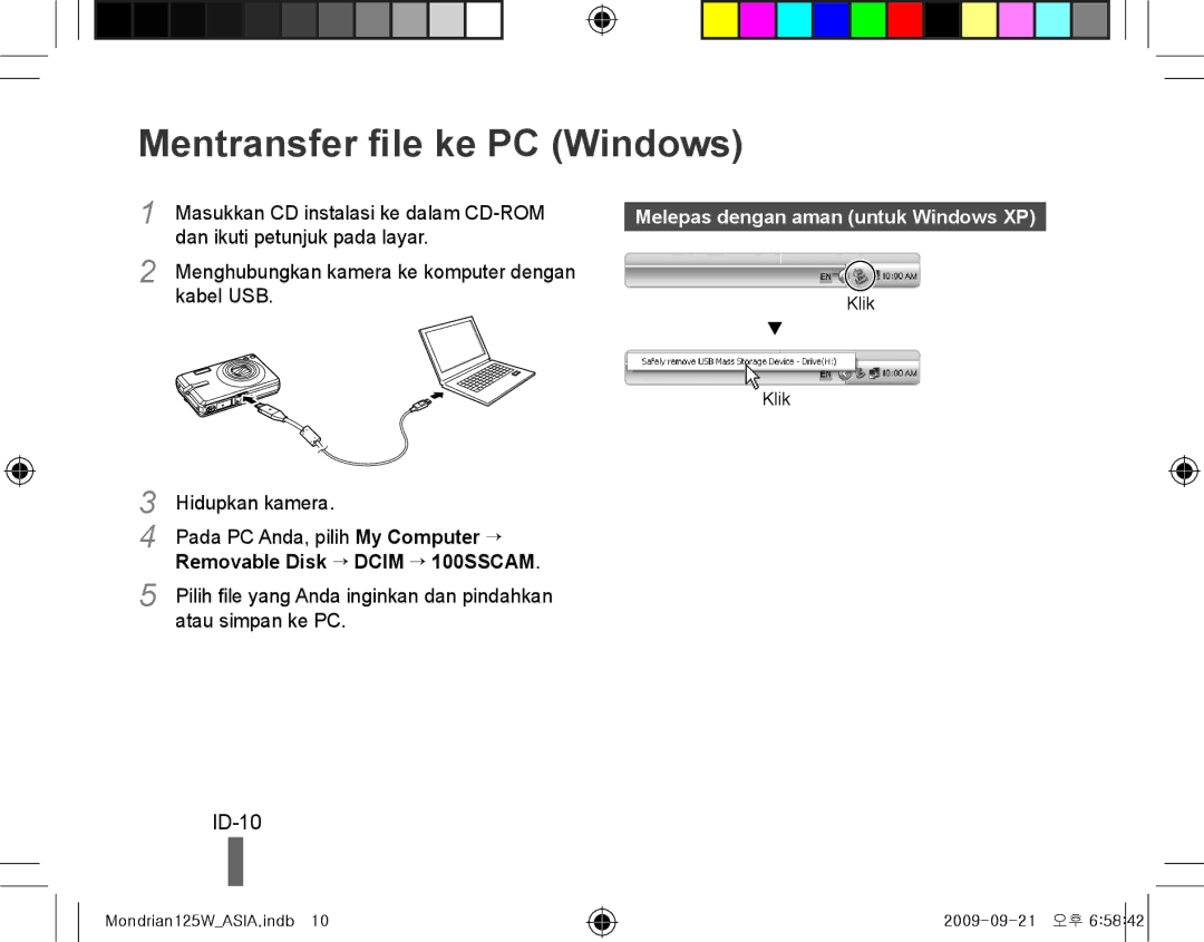 Samsung EC-IT100BBP/IT, EC-IT100UBP/FR manual Mentransfer file ke PC Windows, ID-10, Melepas dengan aman untuk Windows XP 