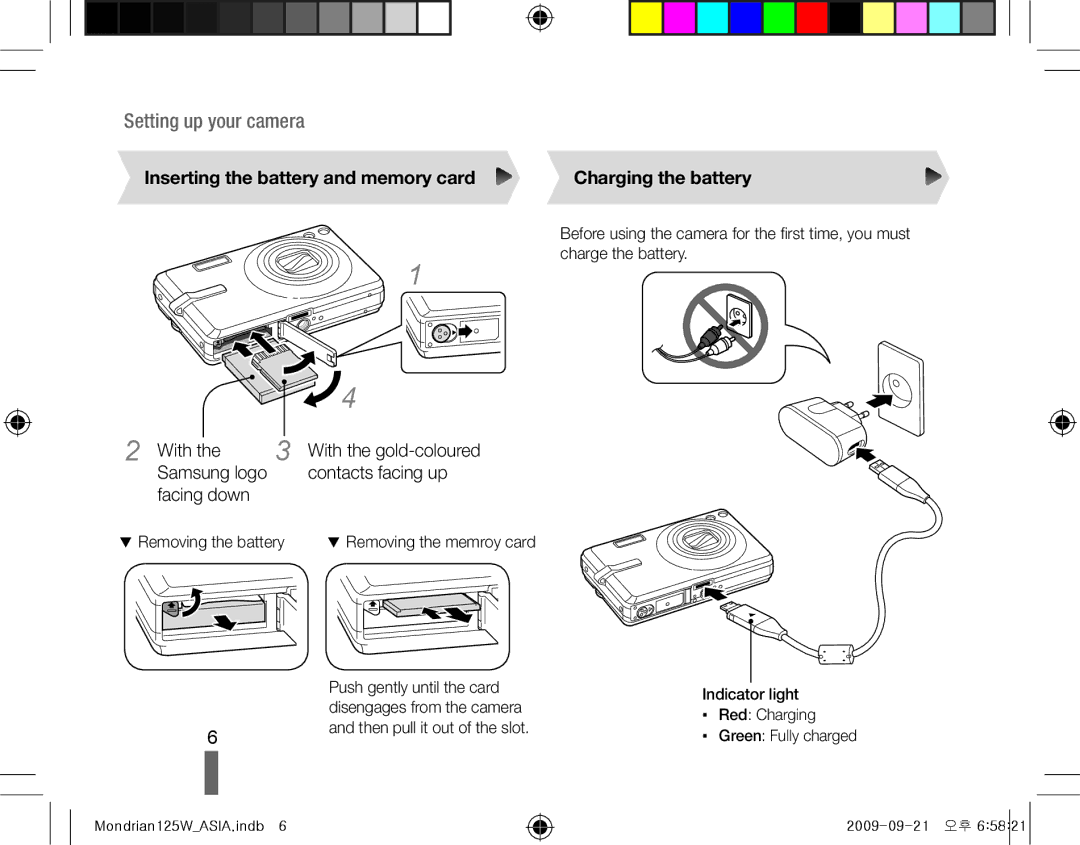 Samsung EC-IT100RBP/IT, EC-IT100UBP/FR Setting up your camera, Inserting the battery and memory card Charging the battery 