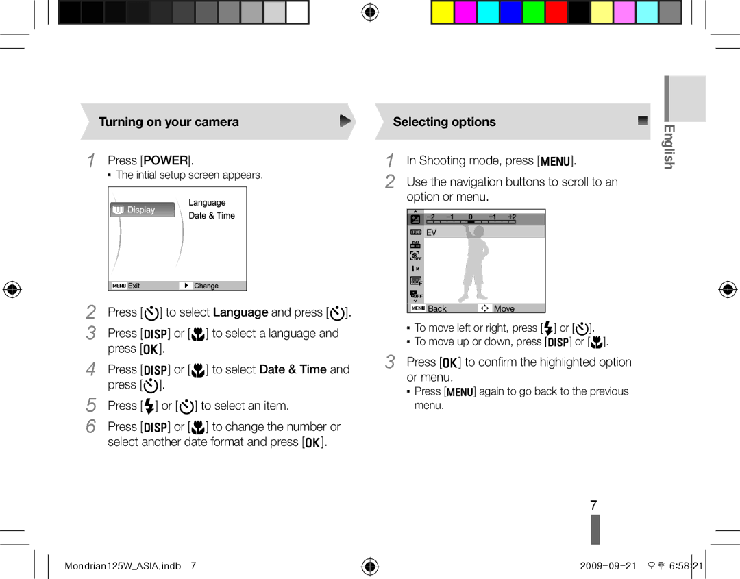 Samsung EC-IT100SBP/IT, EC-IT100UBP/FR, EC-IT100SBP/FR, EC-IT100BBP/FR manual Turning on your camera, Selecting options 