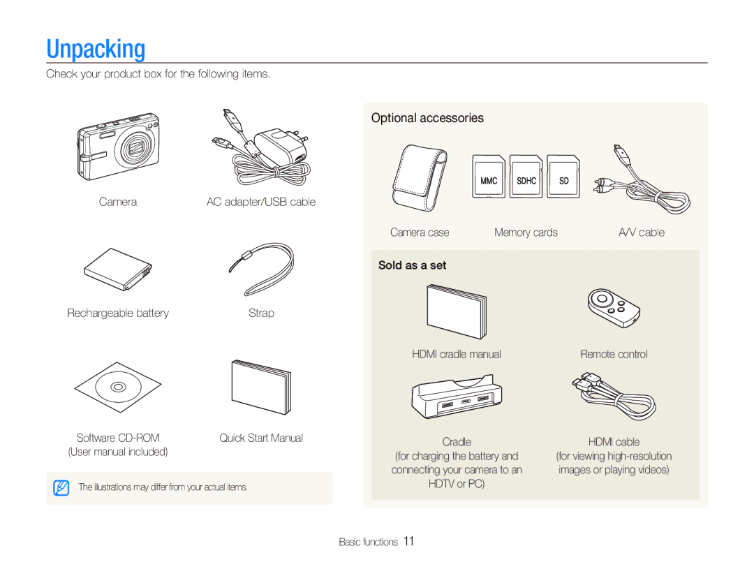 Samsung EC-IT100SBP/SA, EC-IT100UBP/FR, EC-IT100SBP/FR, EC-IT100BBP/FR, EC-IT100RBP/FR manual Unpacking, Optional accessories 