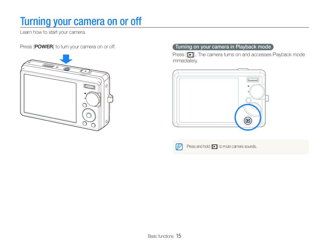 Samsung EC-IT100BBP/ME, EC-IT100UBP/FR manual Turning your camera on or off, Turning on your camera in Playback mode 