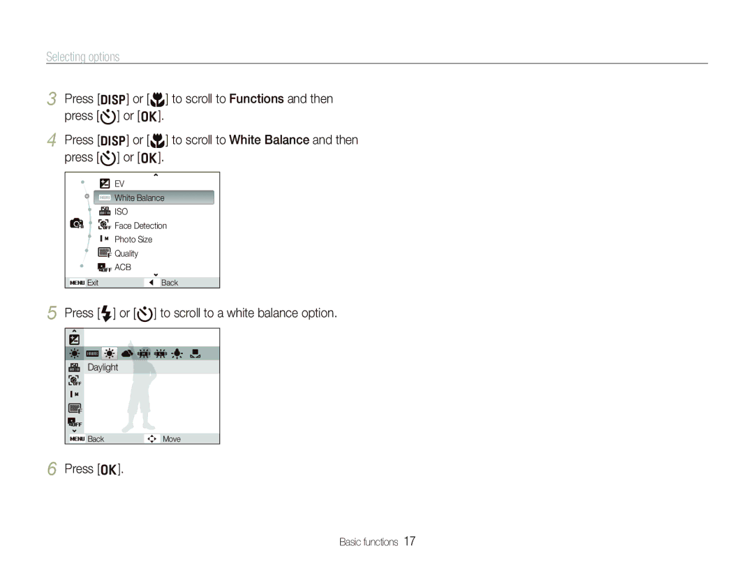 Samsung EC-IT100SBP/ME, EC-IT100UBP/FR manual Selecting options, Press F or t to scroll to a white balance option, Press o 