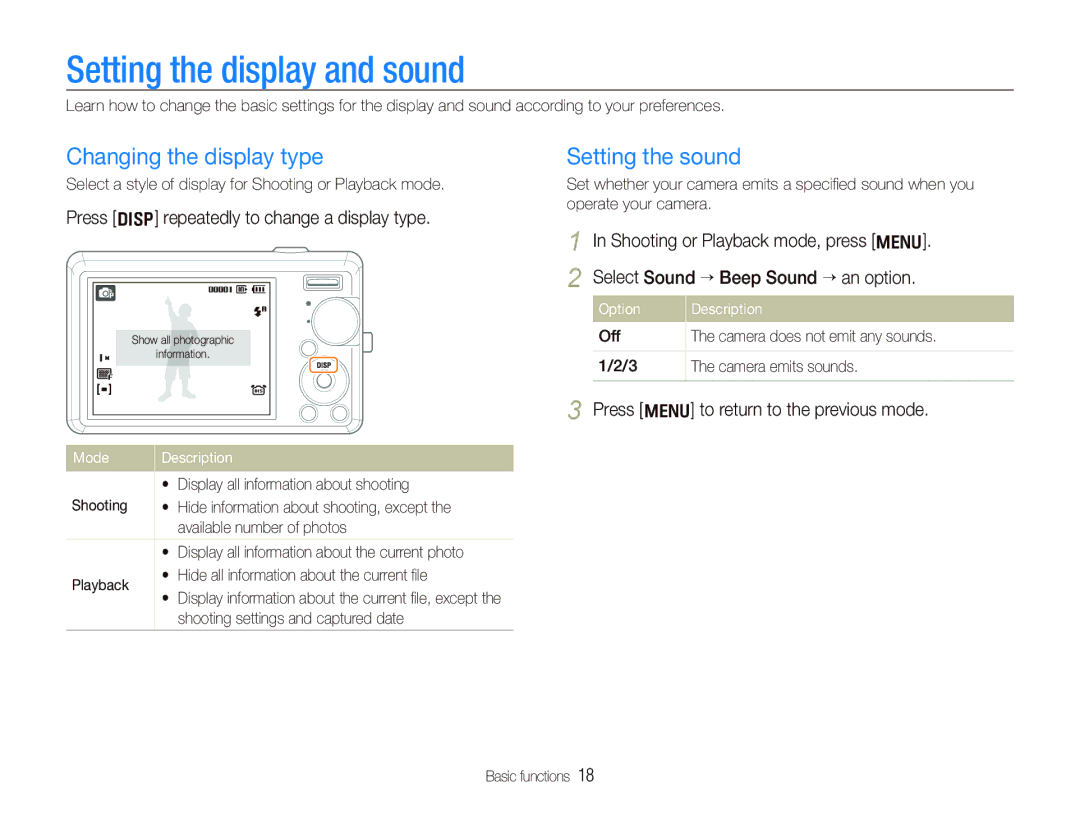 Samsung EC-IT100UBP/VN, EC-IT100UBP/FR manual Setting the display and sound, Changing the display type, Setting the sound 