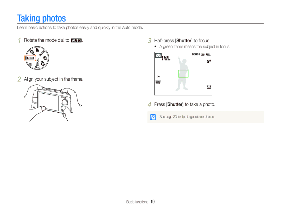 Samsung EC-IT100RBP/VN, EC-IT100UBP/FR, EC-IT100SBP/FR, EC-IT100BBP/FR manual Taking photos, Press Shutter to take a photo 