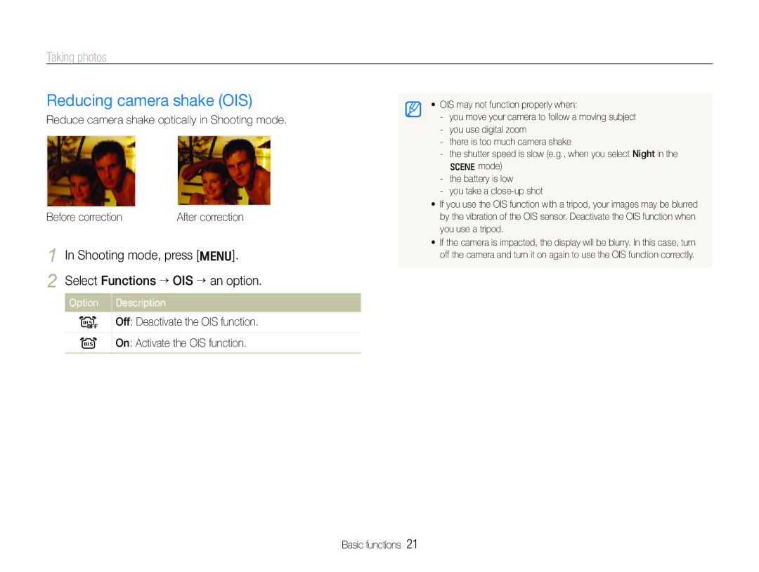 Samsung EC-IT100SBP/VN manual Reducing camera shake OIS, Shooting mode, press m Select Functions “ OIS “ an option 