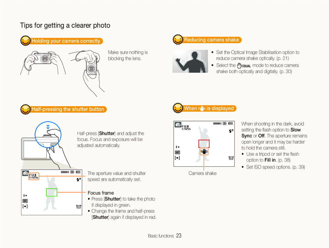 Samsung EC-IT100BBP/RU manual Holding your camera correctly, Half-pressing the shutter button, Reducing camera shake 