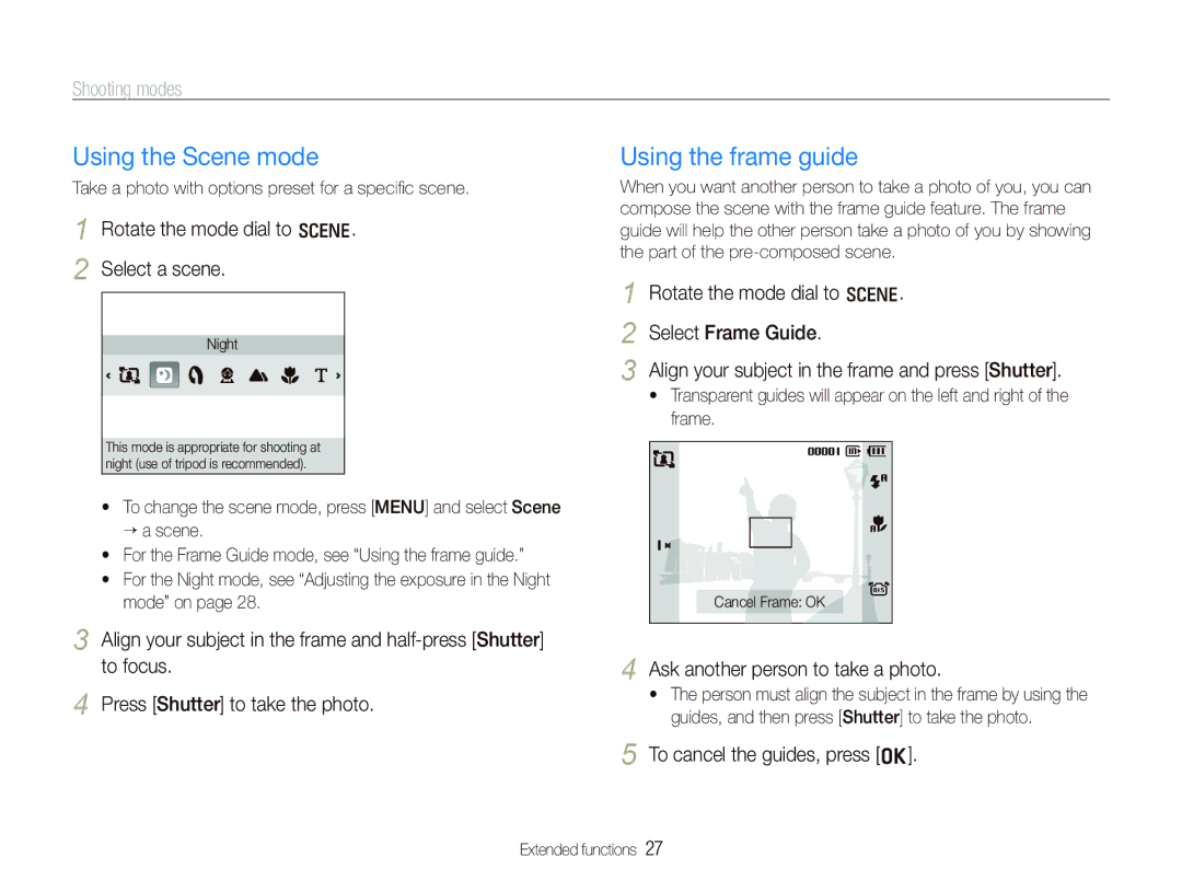 Samsung EC-IT100RBP/E1, EC-IT100UBP/FR, EC-IT100SBP/FR manual Using the Scene mode, Using the frame guide, Shooting modes 