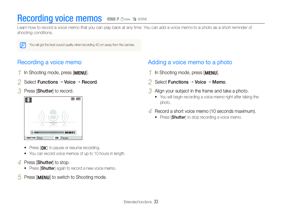 Samsung EC-IT100RBP/RU manual Recording voice memos a p d b s, Recording a voice memo, Adding a voice memo to a photo 