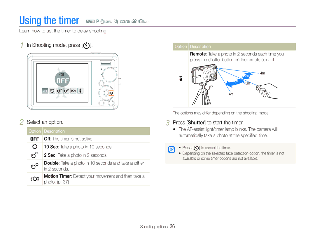 Samsung EC-IT100UBP/RU manual Using the timer a p d b s v S, Shooting mode, press t, Press Shutter to start the timer 