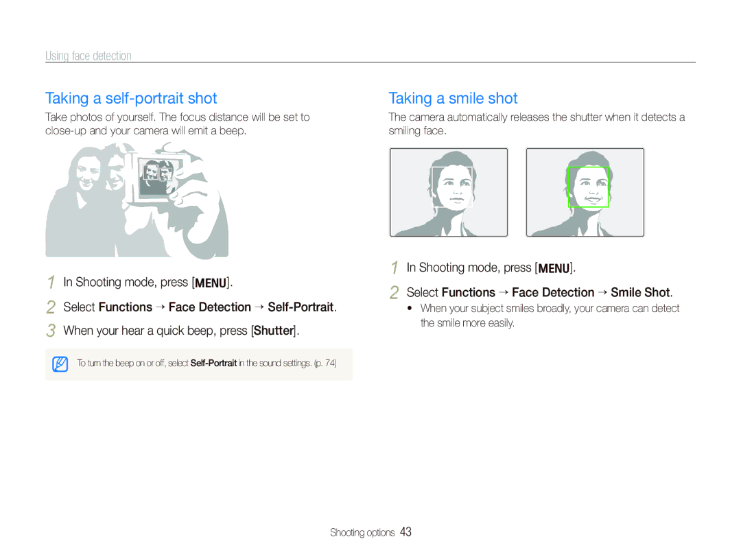 Samsung EC-IT100RBP/FR, EC-IT100UBP/FR manual Taking a self-portrait shot, Taking a smile shot, Using face detection 