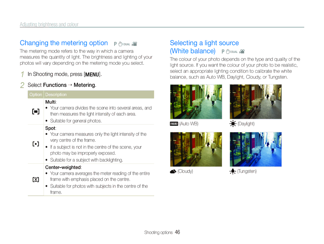 Samsung EC-IT100RBP/IT, EC-IT100UBP/FR manual Changing the metering option p d, Selecting a light source White balance p d 