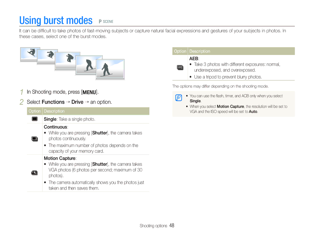 Samsung EC-IT100ABA/IT, EC-IT100UBP/FR Using burst modes p s, Select Functions ““Drive “ an option. Option Description 