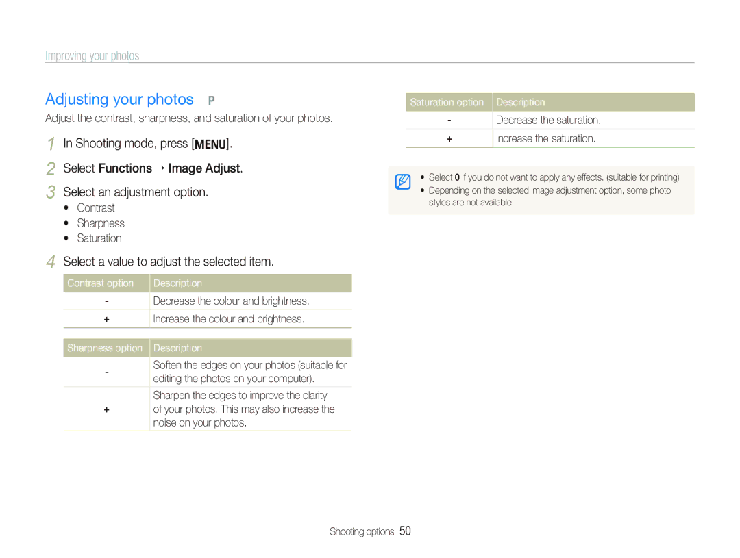 Samsung EC-IT100BBP/E1 manual Adjusting your photos p, Improving your photos, Select a value to adjust the selected item 