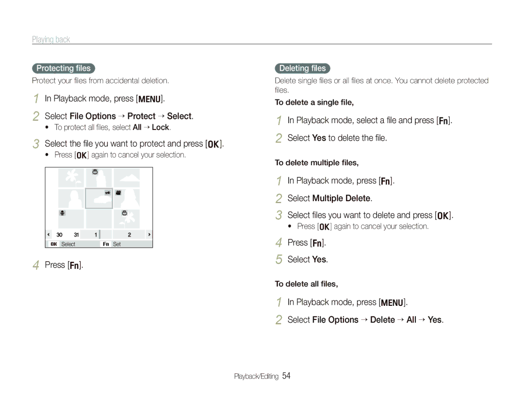 Samsung EC-IT100SDP/ME Select File Options ““Protect ““Select, Select the ﬁle you want to protect and press o, Press f 