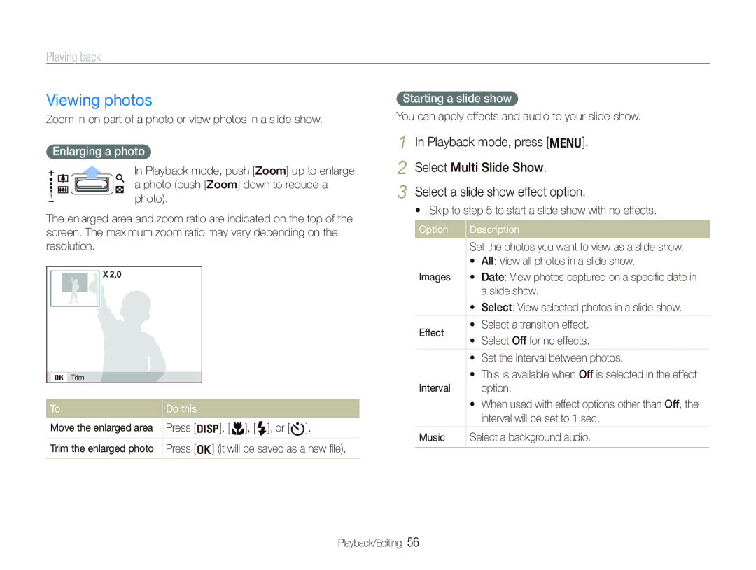 Samsung EC-IT100BBP/ME, EC-IT100UBP/FR, EC-IT100SBP/FR manual Viewing photos, Enlarging a photo, Starting a slide show 