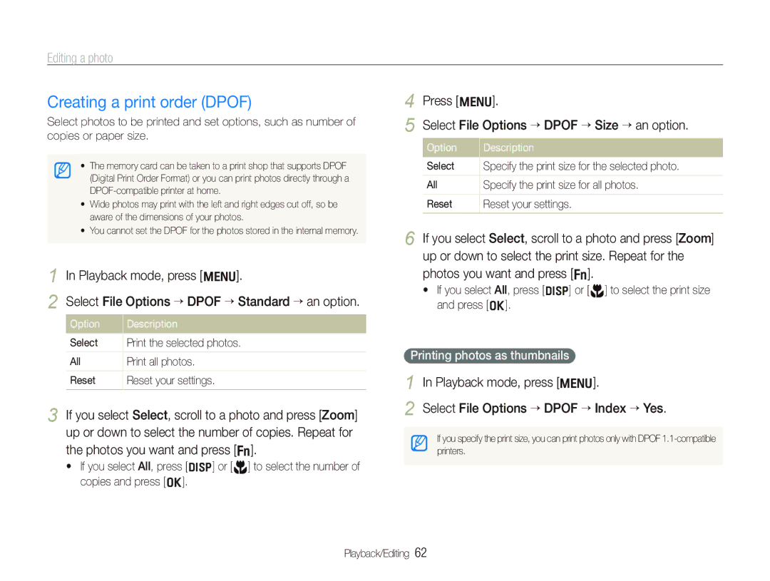 Samsung EC-IT100SBP/VN, EC-IT100UBP/FR manual Printing photos as thumbnails, Select File Options “ Dpof “ Size “ an option 