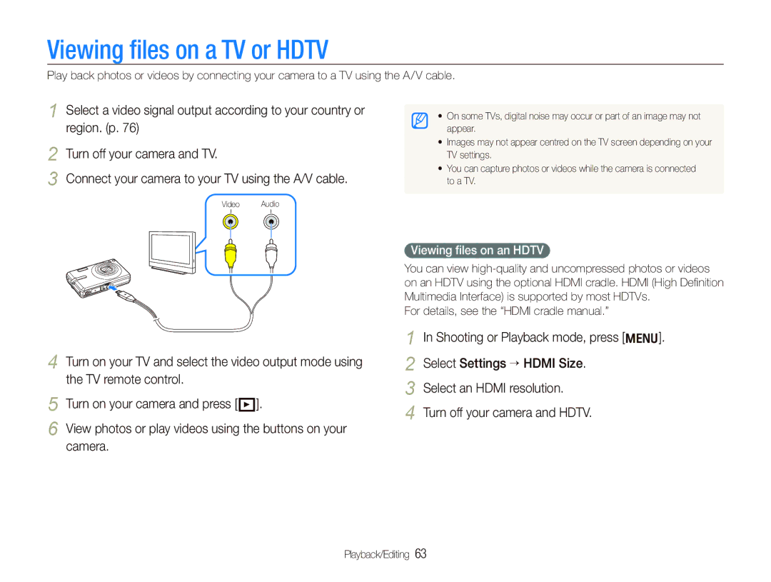 Samsung EC-IT100BBP/E3, EC-IT100UBP/FR Viewing ﬁles on a TV or Hdtv, Connect your camera to your TV using the A/V cable 