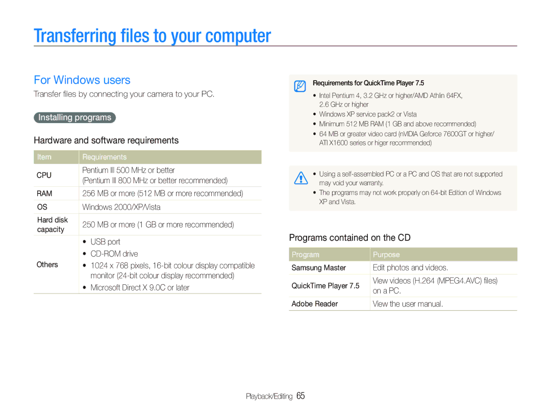 Samsung EC-IT100UBP/E3 manual Transferring ﬁles to your computer, For Windows users, Hardware and software requirements 