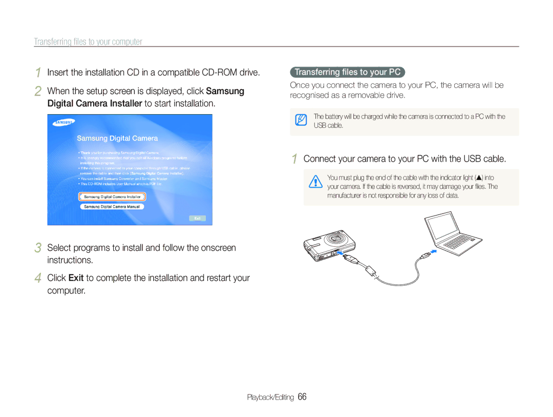 Samsung EC-IT100SBP/E3 manual Transferring ﬁles to your computer, Insert the installation CD in a compatible CD-ROM drive 