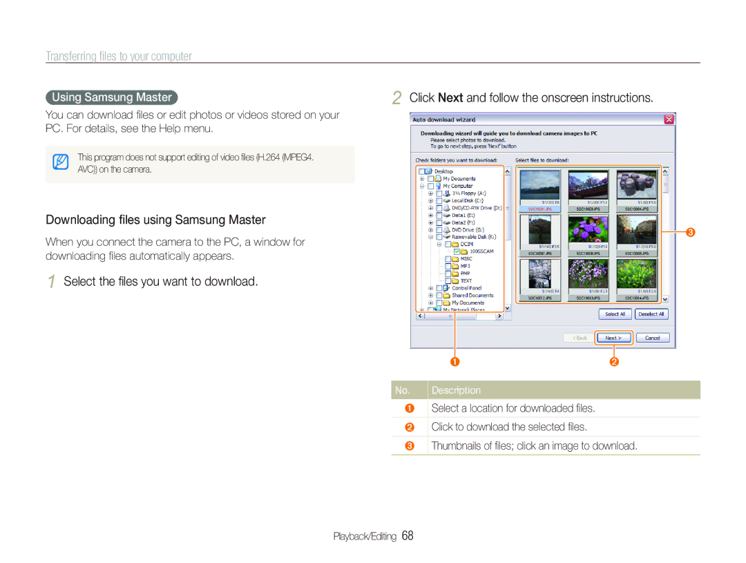 Samsung EC-IT100RBP/E1, EC-IT100UBP/FR, EC-IT100SBP/FR manual Select the ﬁles you want to download, Using Samsung Master 