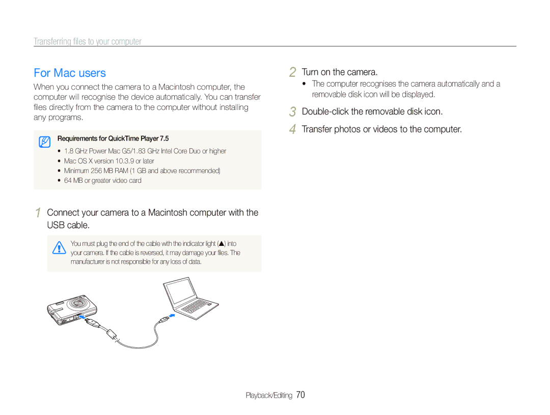 Samsung EC-IT100RBP/E2, EC-IT100UBP/FR, EC-IT100SBP/FR, EC-IT100BBP/FR, EC-IT100RBP/FR manual For Mac users, Turn on the camera 