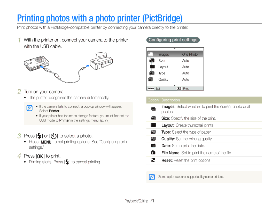 Samsung EC-IT100SBP/E2 Printing photos with a photo printer PictBridge, Press F or t to select a photo, Press o to print 