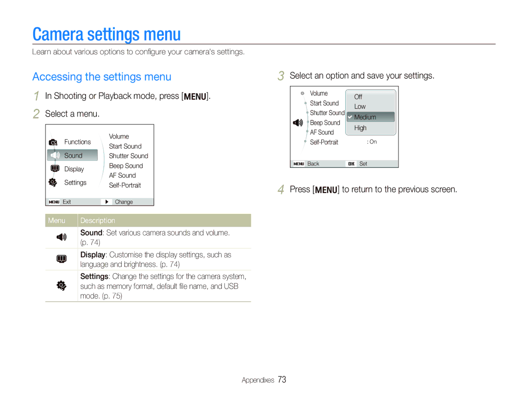 Samsung EC-IT100UBP/E2, EC-IT100UBP/FR Camera settings menu, Accessing the settings menu, Select a menu, Menu Description 