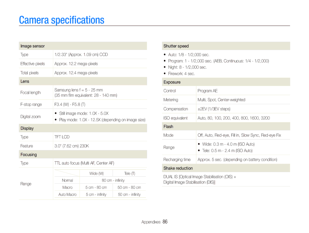 Samsung EC-IT100SBA/IT, EC-IT100UBP/FR, EC-IT100SBP/FR, EC-IT100BBP/FR, EC-IT100RBP/FR, EC-IT100UBP/IT Camera speciﬁcations 