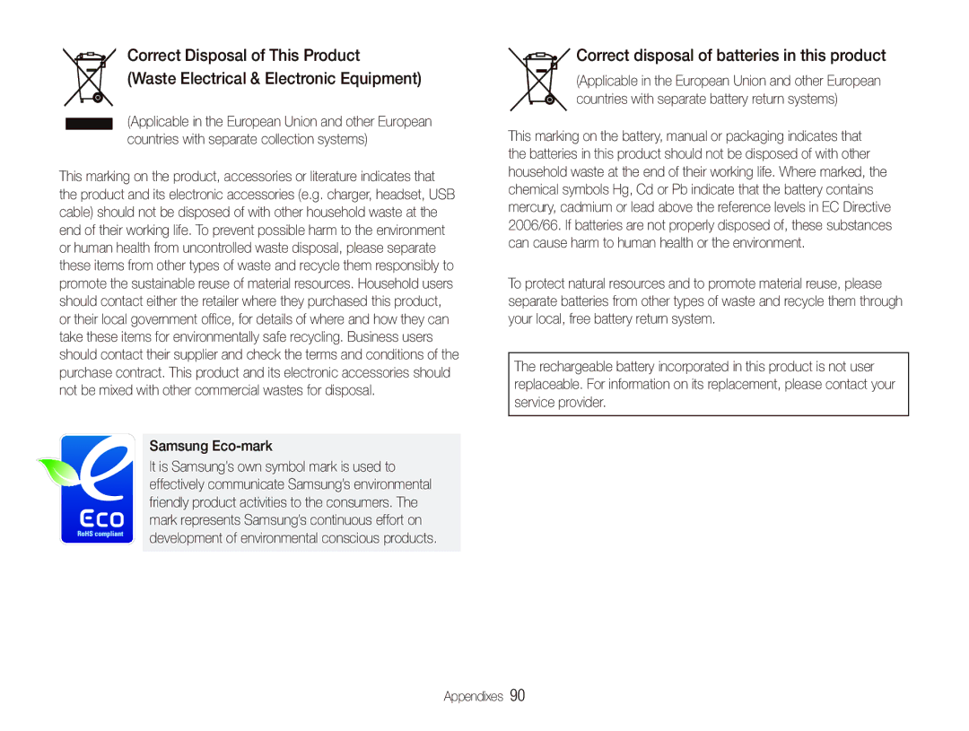 Samsung EC-IT100BBP/IT, EC-IT100UBP/FR, EC-IT100SBP/FR manual Correct disposal of batteries in this product, Samsung Eco-mark 